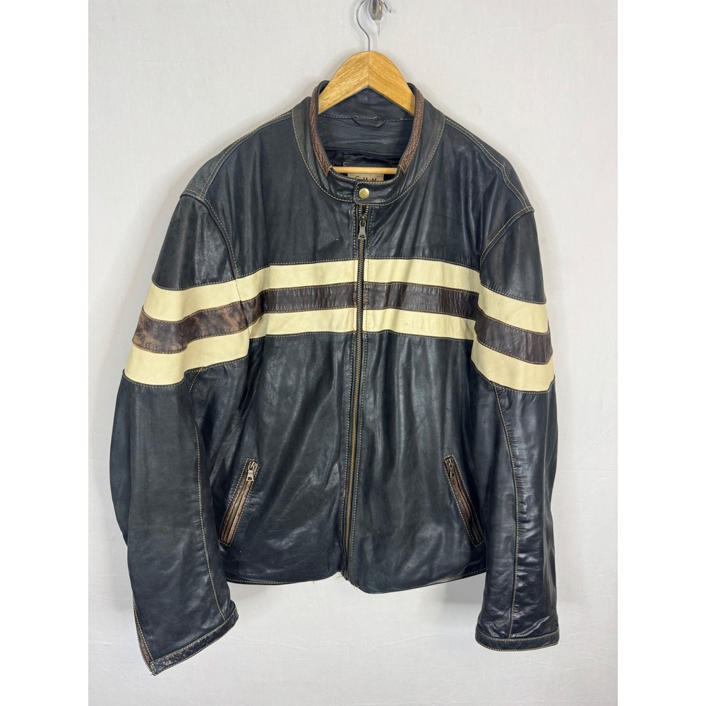CMM Canada Mens 4XL Black‎ Leather Cafe Racer Jacket Striped Biker Moto Coat